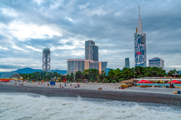 Batumi, Adjara/Georgia - August 05 2019:  Panorama of Illuminated Resort Town in the evening