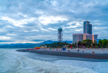 Batumi, Adjara/Georgia - August 05 2019:  Panorama of Illuminated Resort Town in the evening