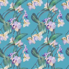 Orchid seamless pattern. Watercolor Illustration. Hand painted background