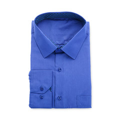 Stylish blue shirt isolated on white, top view. Dry-cleaning service