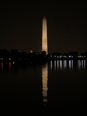 Portrait shot of the Washington Monument with night lights reflected in the waters of Potomac River.