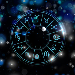 Illustration of zodiac wheel with astrological signs on dark background. Bokeh effect