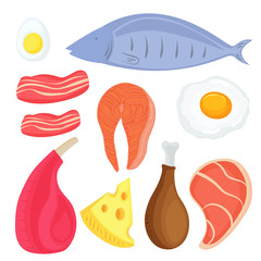 Set of food for keto diet. Fish, meat, eggs. Salmon steak. Pork, chicken, slices of bacon. Piece of cheese