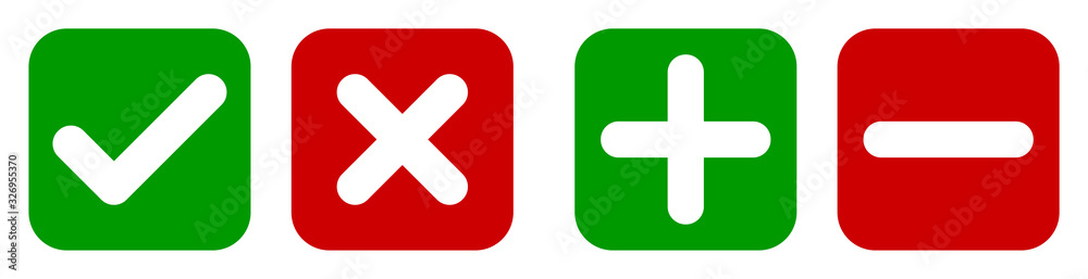 Poster set of flat square check mark, x mark, plus sign and minus sign icons, buttons isolated on a white b