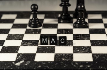 The acronym MAC for Media Access Control represented by black and white letter tiles on a marble...