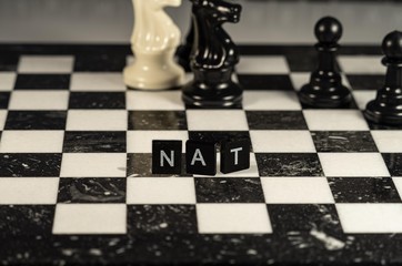 The acronym Nat for Network Address Translation concept represented by black and white letter tiles on a marble chessboard with chess pieces