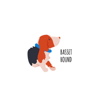 Funny cartoon style icon of basset hound for different design. Cute family dog with text.