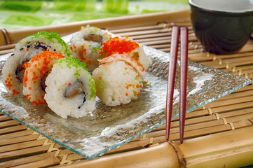 Futomaki (roll sushi) chopsticks and tea cup