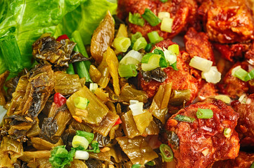 Top view at typical Chinese dish meat and vegetables