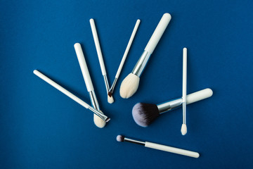 makeup brushes with a white handle on a blue background