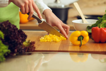Unknown human hands cooking in kitchen. Woman slicing yellow bell pepper. Healthy meal, and vegetarian food concept