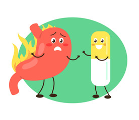Stomach and pill on the background. Heartburn. Vector illustration.