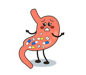 Sick stomach and pills on a white background. Problem. Vector illustration.