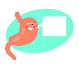 A healthy stomach gives advice on a blue background. Cartoon. Vector illustration.