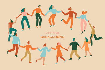 Vector illustration in flat simple style - happy jumping team - men and women dancing - victory, teamwork and cooperation concept - happy and joyful people