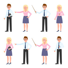 Funny office worker guy and lady vector illustration. Pointing finger, holding wooden wand, standing with coffee, writing notes eyeglasses man and blonde woman cartoon character set on white