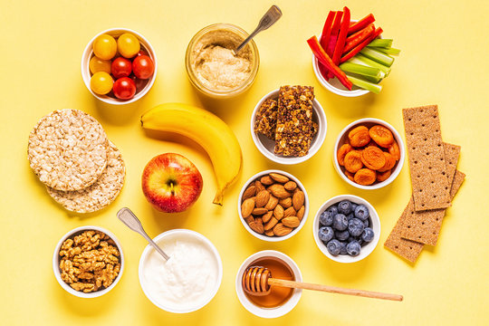 Healthy snack concept, top view.