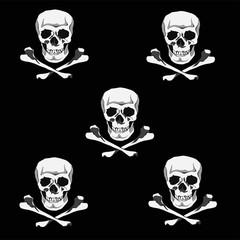 Pattern of human skulls and bones on a black background. Pirate flag symbol