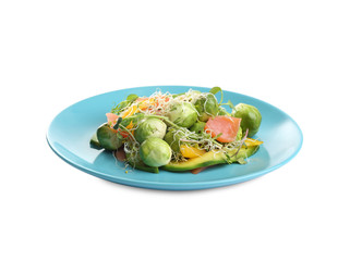 Tasty fresh salad with Brussels sprouts isolated on white