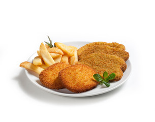 Cordon Bleu with French Fries – Isolated on White Background