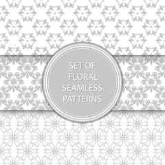 Floral seamless patterns compilation. Gray designs on white backgrounds