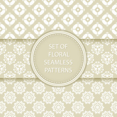 Olive green and white floral seamless backgrounds. Compilation of patterns