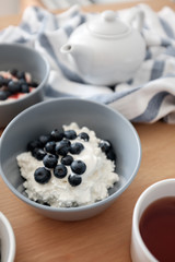 Tasty breakfast of Tvorog, farmers cheese, curd cheese or cottage cheese and blueberries in gray bowls. 