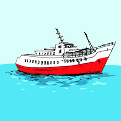 Fototapeta premium hip, boat in the sea. Hand drawn colorful sketch. Stock vector illustration