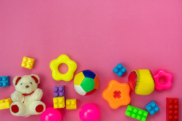 Table top view decoration kid toys for develop background concept.Flat lay accessories baby to play with items child on modern pink paper at office desk.Copy space for add text.pastel tone wallpaper.