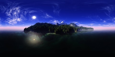 Fototapeta na wymiar island with mountains and a forest, HDRI, environment map , Round panorama, spherical panorama, equidistant projection, panorama 360, seascape