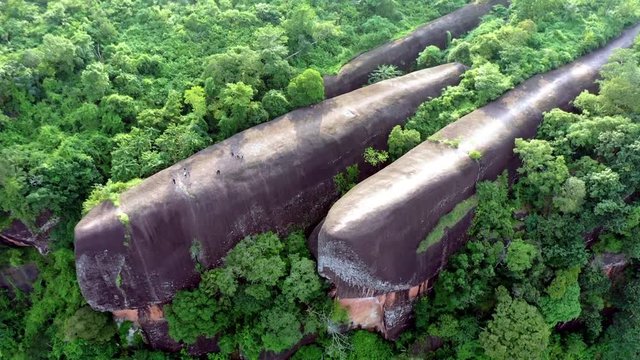 Three whale stones. Bird eye view shot of three whales rock in Phu Sing Country park in Bueng Kan. Aerial shot of three rock whales in Phu Sing Country park in Bueng Kan, Thailand.