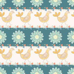 Vector Orange Yellow and Green Birds and Flowers on Green and Peach Striped Background Seamless Repeat Pattern. Background for textile, book covers, manufacturing, wallpapers, print, gift wrap and