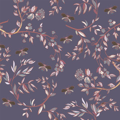 Branches of flowering trees vector illustration. Seamless pattern with bees, twigs, leaves and flowers