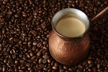 close-up Turk is standing on coffee beans