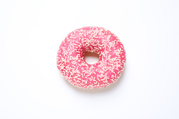 Delicious glazed donut on white background, top view