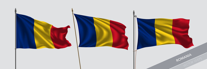 Fototapeta premium Set of Romania waving flag on isolated background vector illustration