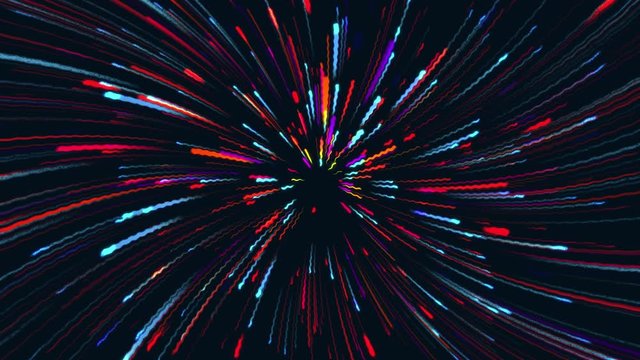 Animation of flying through hyperspace. Flow of colorful twisted lines in cosmos. Trails of star field in motion. Abstract tunnel speed of light, neon glowing rays