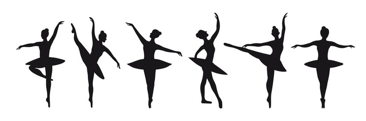 Set of six silhouettes of poses of ballerinas. Vector graphics for the design of posters, banners, advertising courses. Graceful black dancers on a white background isolated.