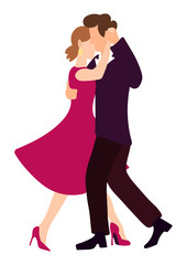 The girl and the guy dance tango, ballroom dancing,a waltz close and together. Vector graphics for the design of posters,banners, advertising courses. A pair of people dancing in hand drawn flat style