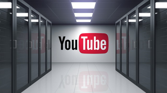 YouTube logo on the wall of the server room. Editorial 3D rendering