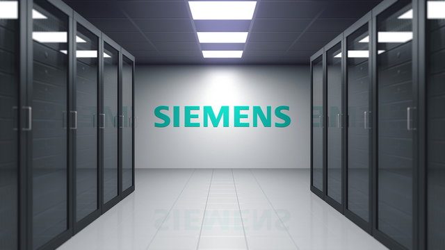 Siemens logo on the wall of the server room. Editorial 3D rendering