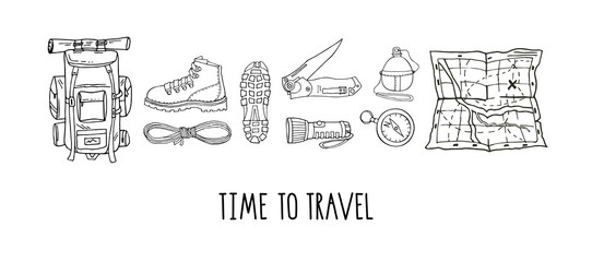 Fototapeta premium Vector set of hand drawn elements isolated on white. Hiking gear for camping trips, adventurous backpacking. Backpack, boots, map, flashlight, reusable bottle. Lettering. Time to travel