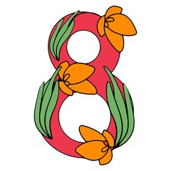 March 8 in tulip colors for the holiday vector for greeting card and design on a white background.