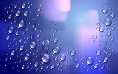 Water rain drops or condensation over blurred background beyond the window realistic transparent 3d vector illustration, easy to put over any background or use droplets separately.