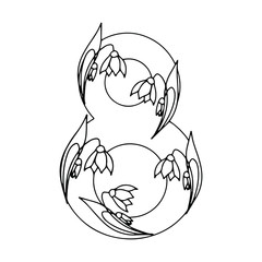 March eight 8 snowdrop vector ones line. Isolated object on a white background. For printing postcards, stamps or prints.