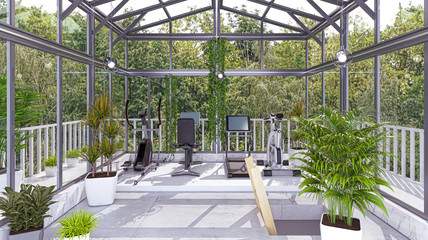 Room with veranda used as a fitness room with exercise bike and treadmill, 3d illustration, 3d rendering