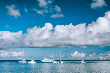 Boats anchored in port of La Digue island, Seychelles
