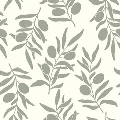 Olive branches silhouette seamless pattern. Monochromatic botanical vector illustration. Great for printing textile or wallpaper.
