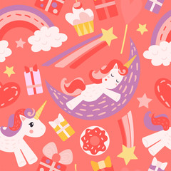 Seamless pattern with unicorns. Red and pink colors. A unicorn sleeps on the moon, a unicorn runs, a star flies, gifts and sweets. Vector background with cute magic horses.
