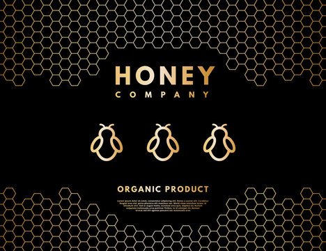 Honey logo with gold gradient honey bee and honeycombs. Vector illustration.
